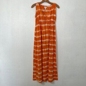 Chico's sleeveless summer knit orange and white stripe and tie-dye maxi dress